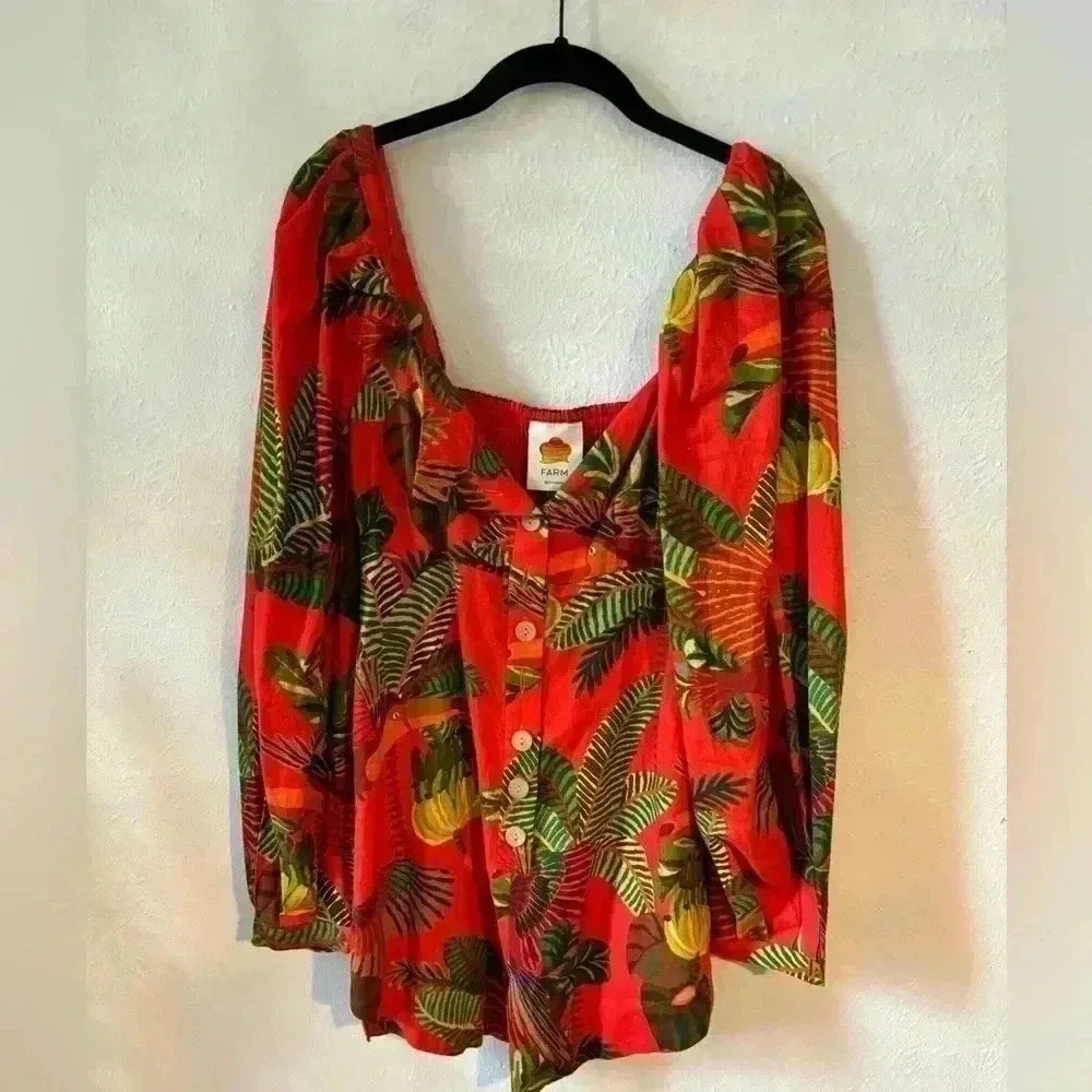 Farm‎ Rio FOREST BIRDS LONG SLEEVE LINEN BLEND ROMPER IN RED FOREST BIRDS